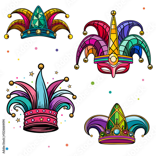 Vektor Set mit bunten Narrenmützen, Narrenkappen für Karneval, Maskenball, Geburtstag und Fasching.