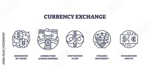Currency exchange involves trade mechanics, cross-border connections, and dynamic movement. Outline icons set.