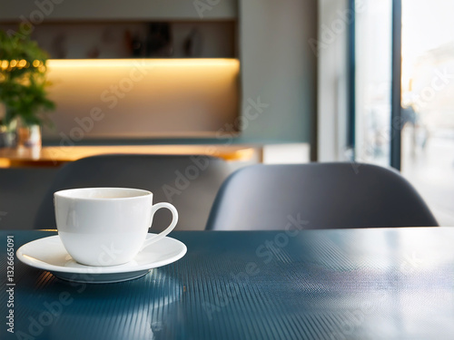 Wallpaper Mural A modern minimalist coffee shop with clean lines, neutral tones and an elegant cup of coffee on a simple table. A sophisticated atmosphere, perfect for branding and social media Torontodigital.ca