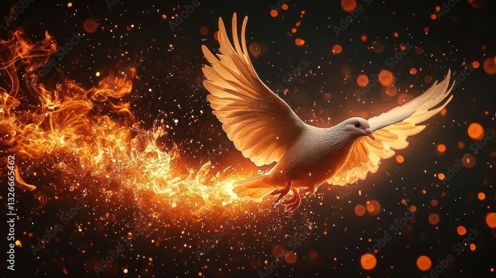 Obraz premium Majestic White Dove with Fiery Wings Against Dark Background - Symbol of Peace and Holy Spirit