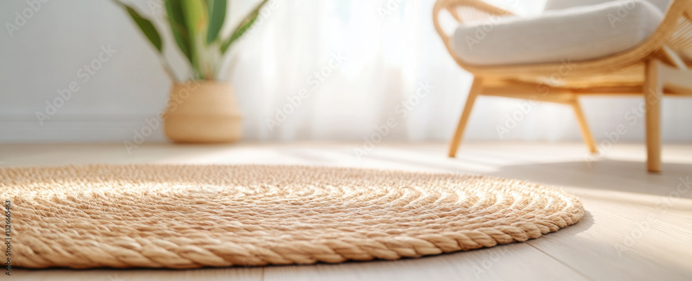 Fototapeta premium close up of woven mat on wooden floor, with chair and plant in bright room. natural textures create warm and inviting atmosphere