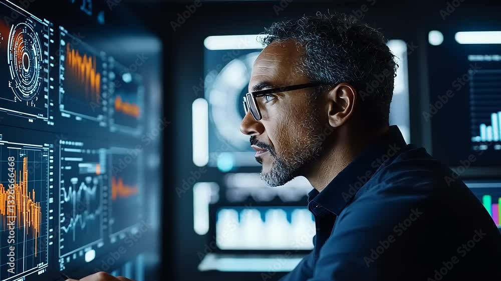 Man analyzing data on multiple screens in a high-tech workspace with graphs and charts Man analyzing data on multiple screens in a high-tech workspace with graphs and charts