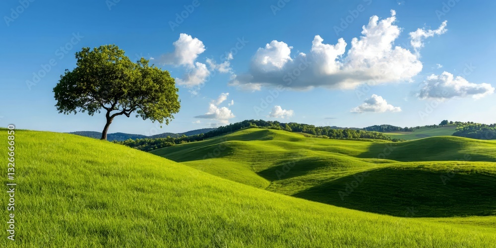 Obraz premium Lush Green Hills with Isolated Tree and Blue Sky Under Clouds