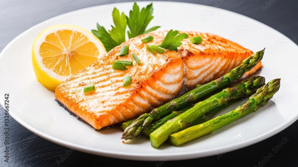 A beautifully plated dish featuring grilled salmon, fresh asparagus, and a slice of lemon, garnished with parsley. A beautifully plated dish featuring grilled salmon, fresh asparagus, and a slice of lemon, garnished with parsley.