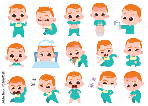This collection of illustrations depicts a baby going through various stages of sickness and recovery