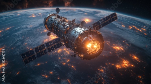 Wallpaper Mural A sophisticated satellite orbits Earth, equipped with multiple solar panels and antennas. It facilitates broadband transmission and telemetry while serving as a vital part of a space constellation. Torontodigital.ca