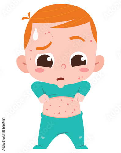 A baby with an upset expression and visible skin rash, showing red spots across the body