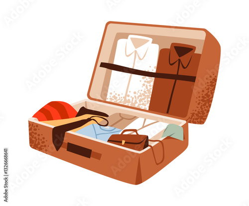Suitcase with travel accessories. A sleek suitcase with a tie and travel essentials like clothes and a carryon bag. Flat vector illustration.