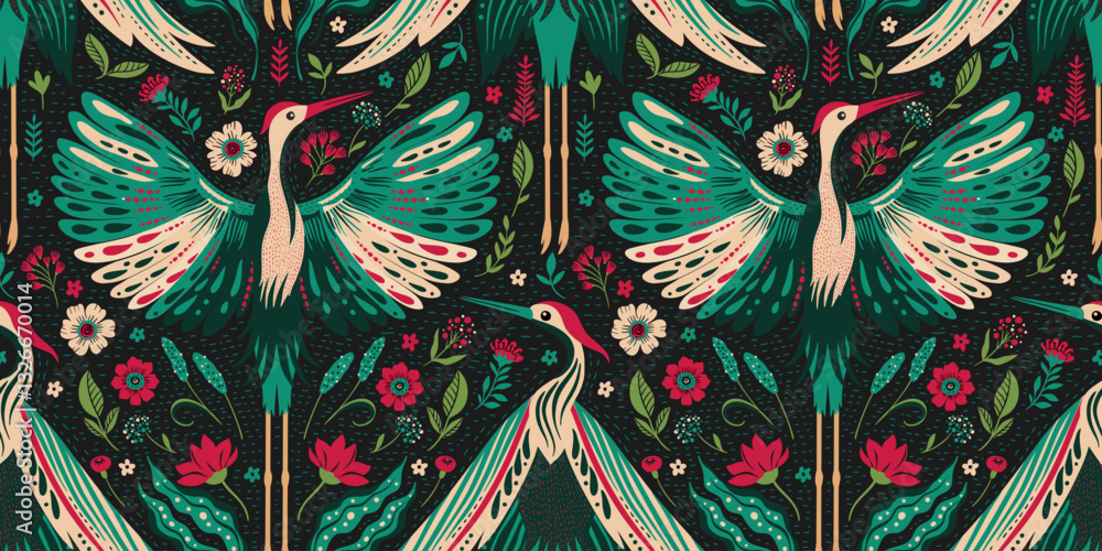 Naklejka premium Seamless Vintage Forest Woodland Pattern Ethnic Folk Art Crane Birds Flowers And Leaves Motif On A Dark Boho Background