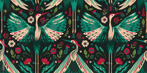 Seamless Vintage Forest Woodland Pattern Ethnic Folk Art Crane Birds Flowers And Leaves Motif On A Dark Boho Background