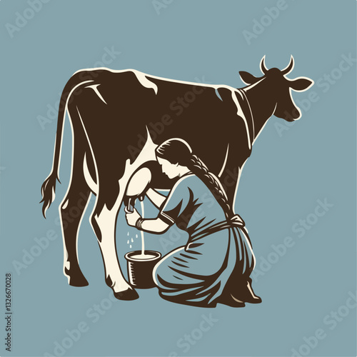 illustration of dairy farmer is milking a cow