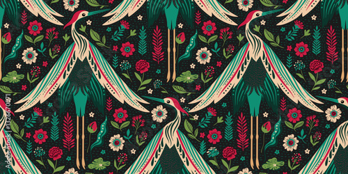 Seamless Vintage Forest Woodland Pattern Ethnic Folk Art Crane Birds Flowers And Leaves Motif On A Dark Boho Background