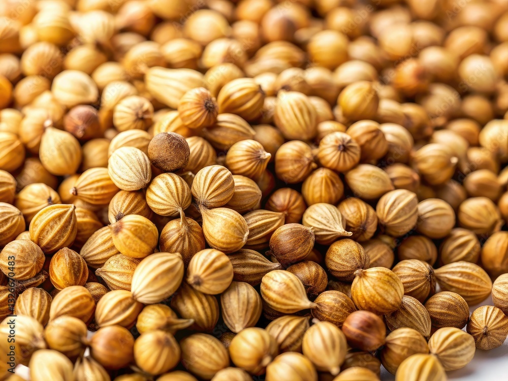 High-resolution culinary image: coriander seeds, a macro food photograph on a pristine white backdrop. High-resolution culinary image: coriander seeds, a macro food photograph on a pristine white backdrop.