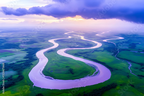Serpentine river meanders through lush green fields at sunset