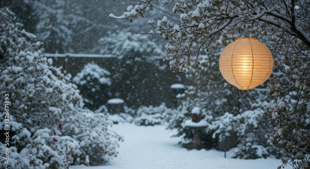 Winter Garden Lantern Glow - A serene winter scene, a glowing lantern hangs from a snow-laden branch, symbolizing peace, warmth, hope, and the beauty of winter. Snow gently falls Winter Garden Lantern Glow - A serene winter scene, a glowing lantern hangs from a snow-laden branch, symbolizing peace, warmth, hope, and the beauty of winter. Snow gently falls