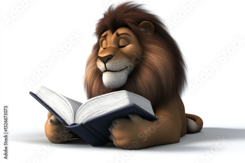 Lion Enjoys Reading a Captivating Book in a Whimsical Cartoon World
