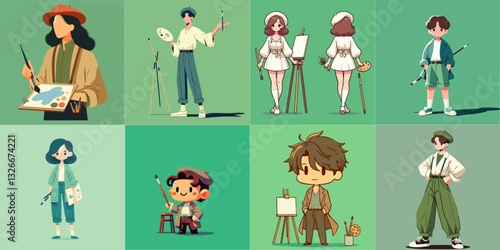 cartoon illustration of artist paints on Canva isolated on green background