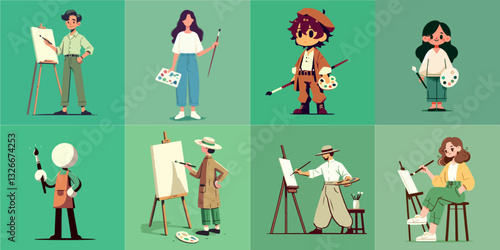 cartoon illustration of artist paints on Canva isolated on green background