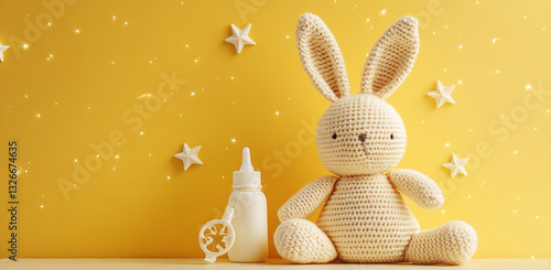 A crocheted baby rabbit doll sits next to a star-shaped pacifier and bottle on the table, against a yellow background wall.