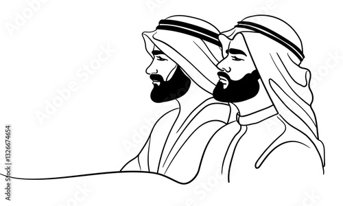 Emirati 2 mans in traditional clothes, continuous line art drawing. Muslim in a hijab. Vector illustration isolated on white background.