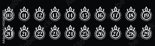 creative collection of number logo designs from 10 year to 29 years with white  crown. abstract number design vector illustration. anniversary numbers