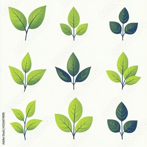 Green leaf vector icon set isolated on white background, simple flat design logo style. Collection of green tea leaves symbols for natural, organic products, and environmental protection concepts. Per