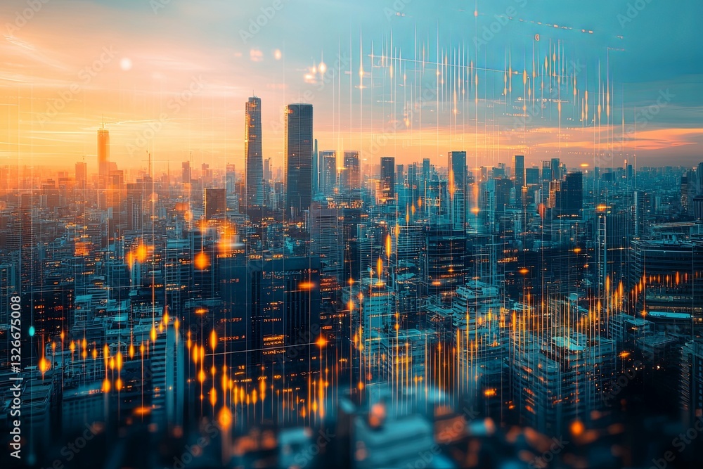 Fototapeta premium Futuristic city landscape with digital data overlay during sunset time