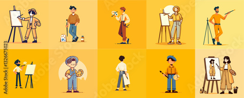 cartoon illustration of artist paints on Canva isolated on yellow background