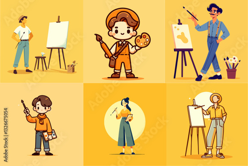 cartoon illustration of artist paints on Canva isolated on yellow background