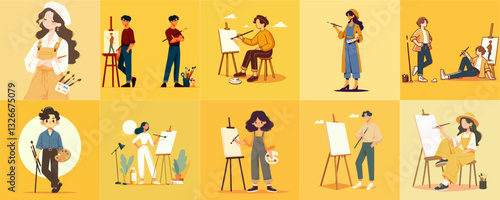 cartoon illustration of artist paints on Canva isolated on yellow background