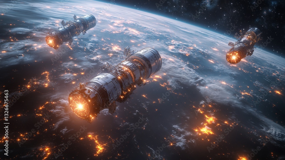 Three spacecraft are operating in Earths orbit, utilizing advanced technology to transmit telemetry and GPS signals. These satellites enhance global positioning capabilities for various applications. Three spacecraft are operating in Earths orbit, utilizing advanced technology to transmit telemetry and GPS signals. These satellites enhance global positioning capabilities for various applications.