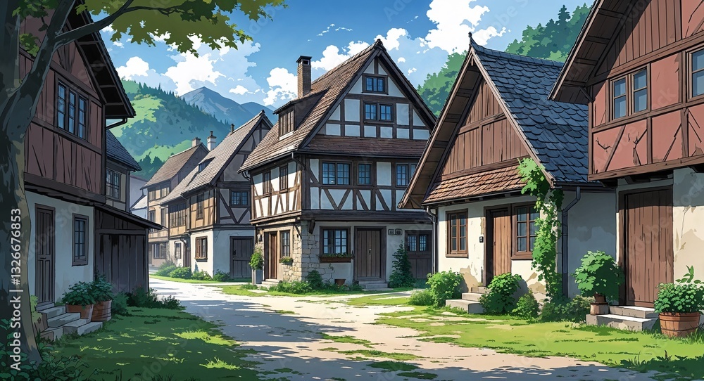 Obraz premium Old European village house building design on manga design illustration background