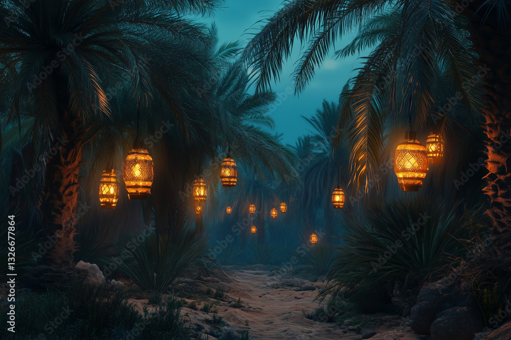 Naklejka premium Date palms with glowing lanterns hanging from branches, mystical desert ambiance