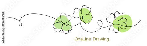 Abstract one line drawing. Beautiful ornament with green shamrock leaf. Abstract decorative horizontal border element. Outline stem with leaf divider design for St Patrick's day. Vector illustration.