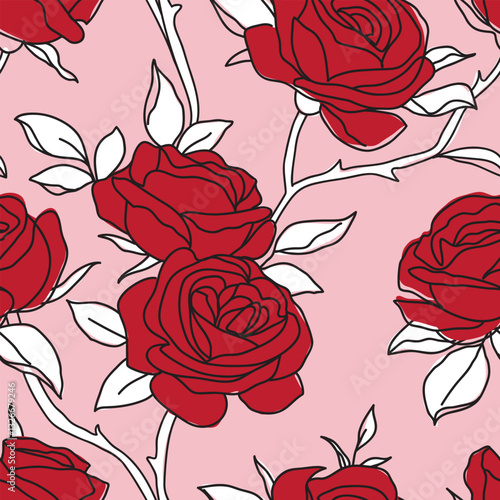 Seamless pattern with beautiful vintage rose and decorative leaf silhouette. Wallpaper with red flower in old antique style on pink background. Wrapping or fabric design. Vector stock illustration.