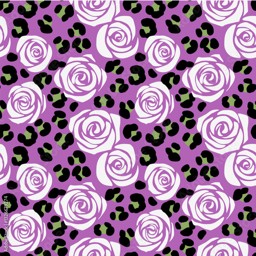 White rose bud and abstract leopard print on pink background. Seamless pattern with roses and exotic wild animal spot silhouette. Cute dress fabric design. Vector stock illustration.