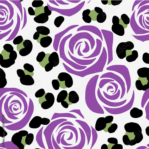 Purple rose bud and abstract leopard print on white background. Seamless pattern with roses and exotic wild animal spot silhouette. Cute dress fabric design. Vector stock illustration.