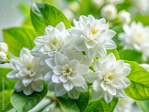 Delicate White Flowers & Lush Green Leaves: Elegant Botanical Stock Photo