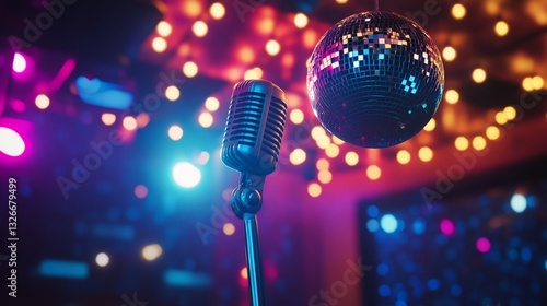 Vintage Microphone and Disco Ball Lit with Colorful Lights in Nightclub Setting