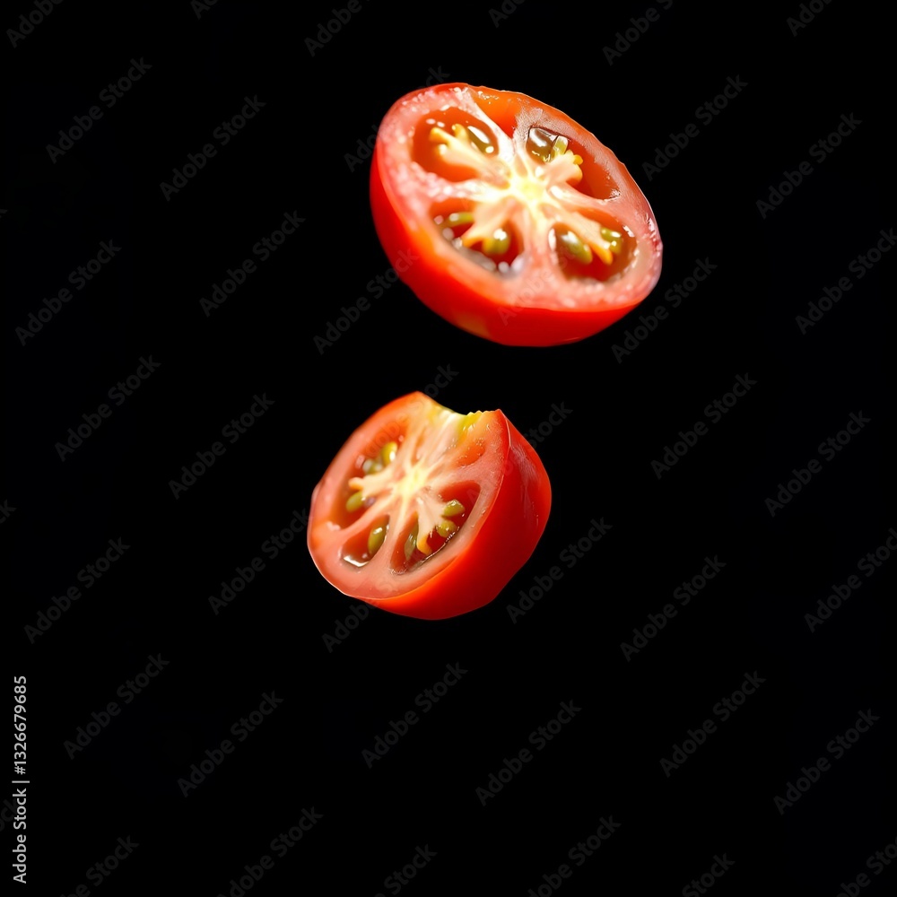 Fresh, juicy tomato slices floating in midair against a black background, highlighting their vibrant red color and natural texture Fresh, juicy tomato slices floating in midair against a black background, highlighting their vibrant red color and natural texture