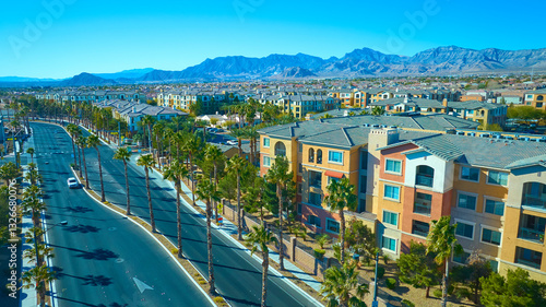 Aerial of Modern Las Vegas Suburb with Nevada Mountains