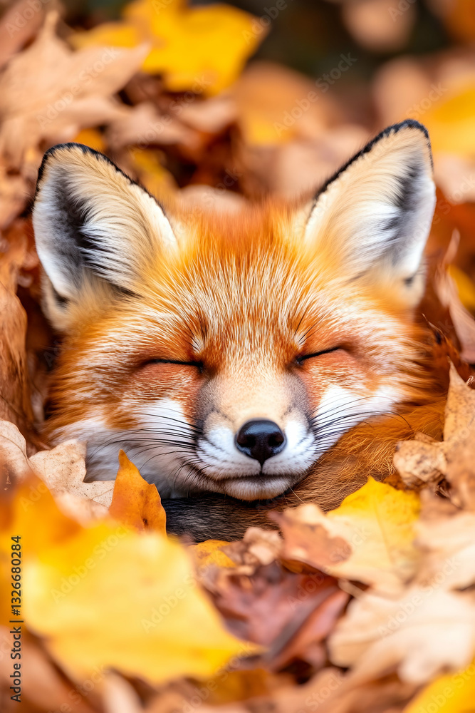 Naklejka premium Sleepy fox nestled in autumn leaves