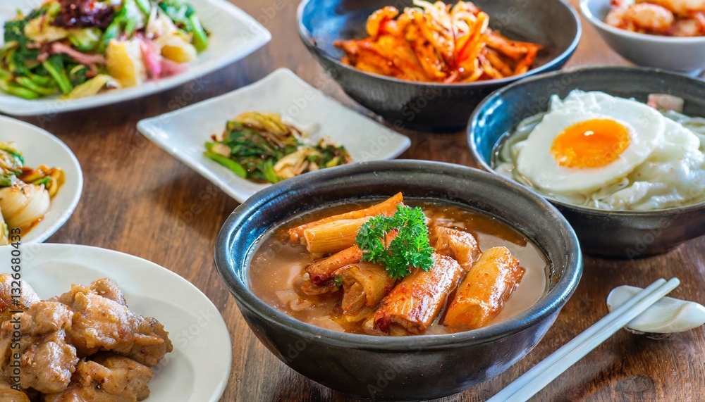 Korean Foods Arranged on a Dining Table for Photo Illustration Korean Foods Arranged on a Dining Table for Photo Illustration