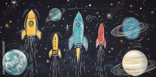 Colorful illustrations of rockets and planets in outer space