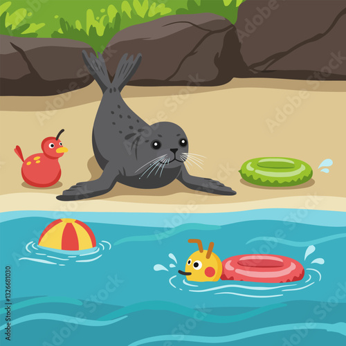 Seal Relaxing on Beach Watching Toys Playing in the Water