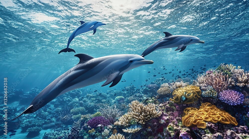 Naklejka premium Playful Dolphins Swimming through Vibrant Coral Reef Underwater