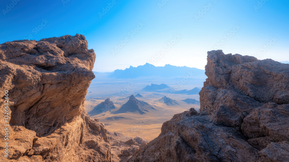 Obraz premium breathtaking view from steep cliff, showcasing rugged rock formations and expansive desert landscape under clear blue sky