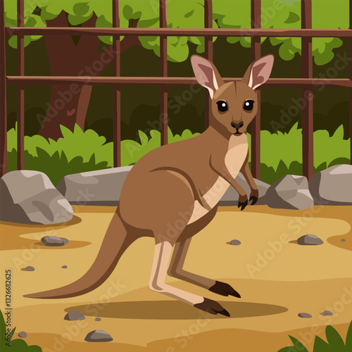 Cartoon Kangaroo Standing Near Fence in Enclosure with Rocks and Trees