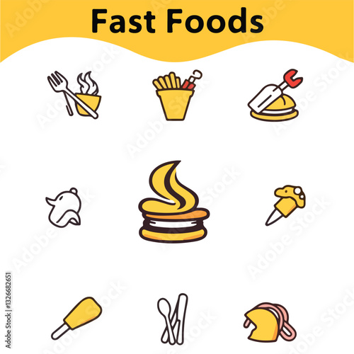 Fast food stickers set. Take out food icons, burger hamburger french fries cheeseburger paper cup soda juice cold drink street meal vector illustrations