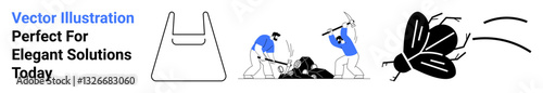 Workers digging through debris, a dung beetle rolling, and a minimalist object. Ideal for teamwork, problem-solving, nature studies, hard work, scientific tutorials, educational posters flat landing